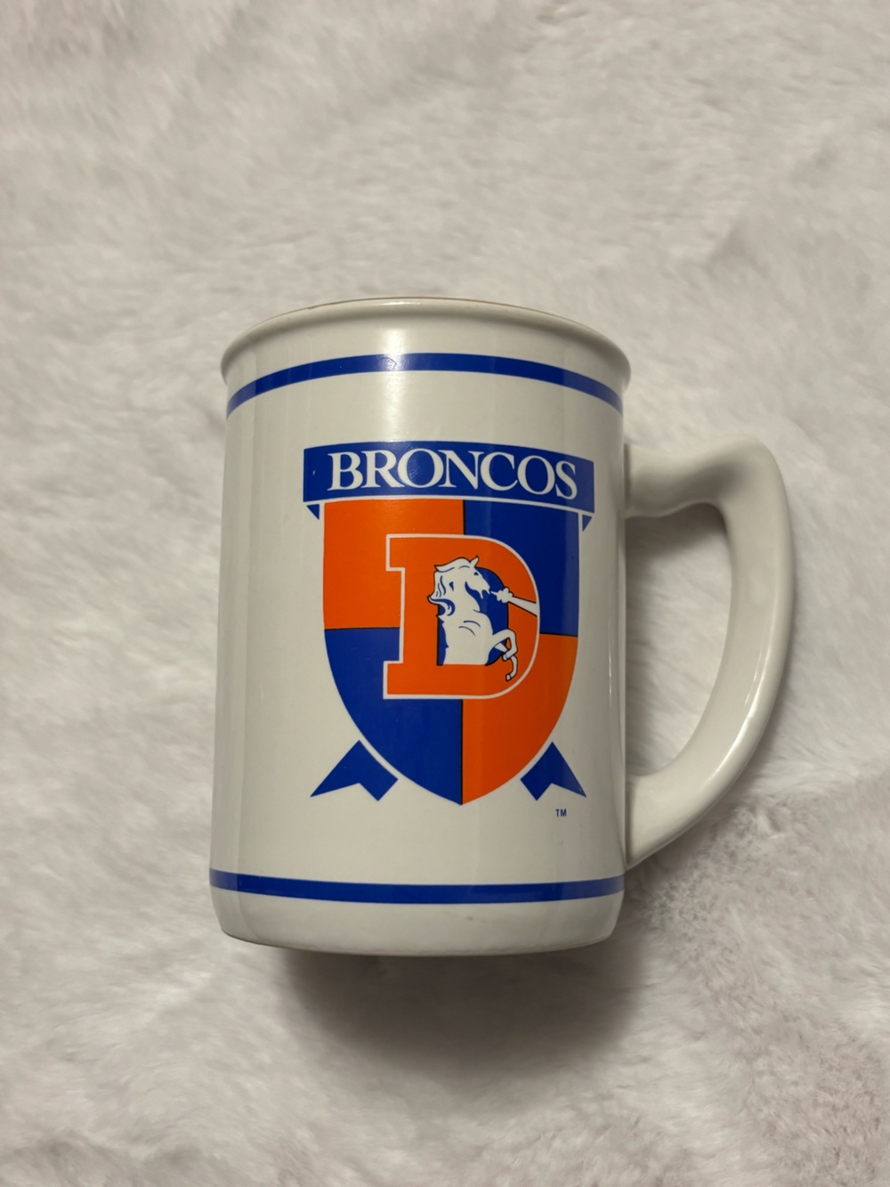 VINTAGE NFL Broncos White Mug with Blue and Orange Crest